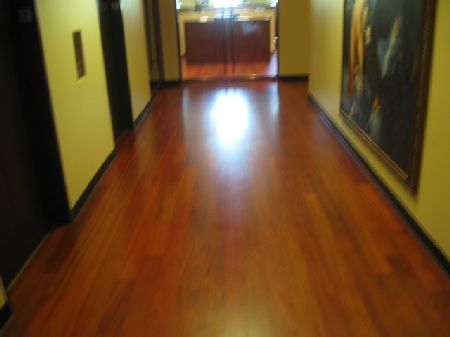 Glossy Brazilian cherry hardwood floor in a Houston hallway